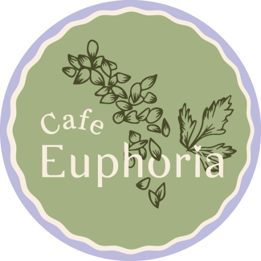 The logo of Cafe Euphoria, a matcha green circle with white text and dark green floral accents